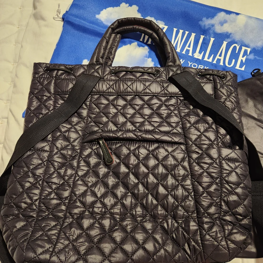 MZ WALLACE Metro Convertible Black Quilted Nylon Leather Trim Backpack - Picture 5 of 15